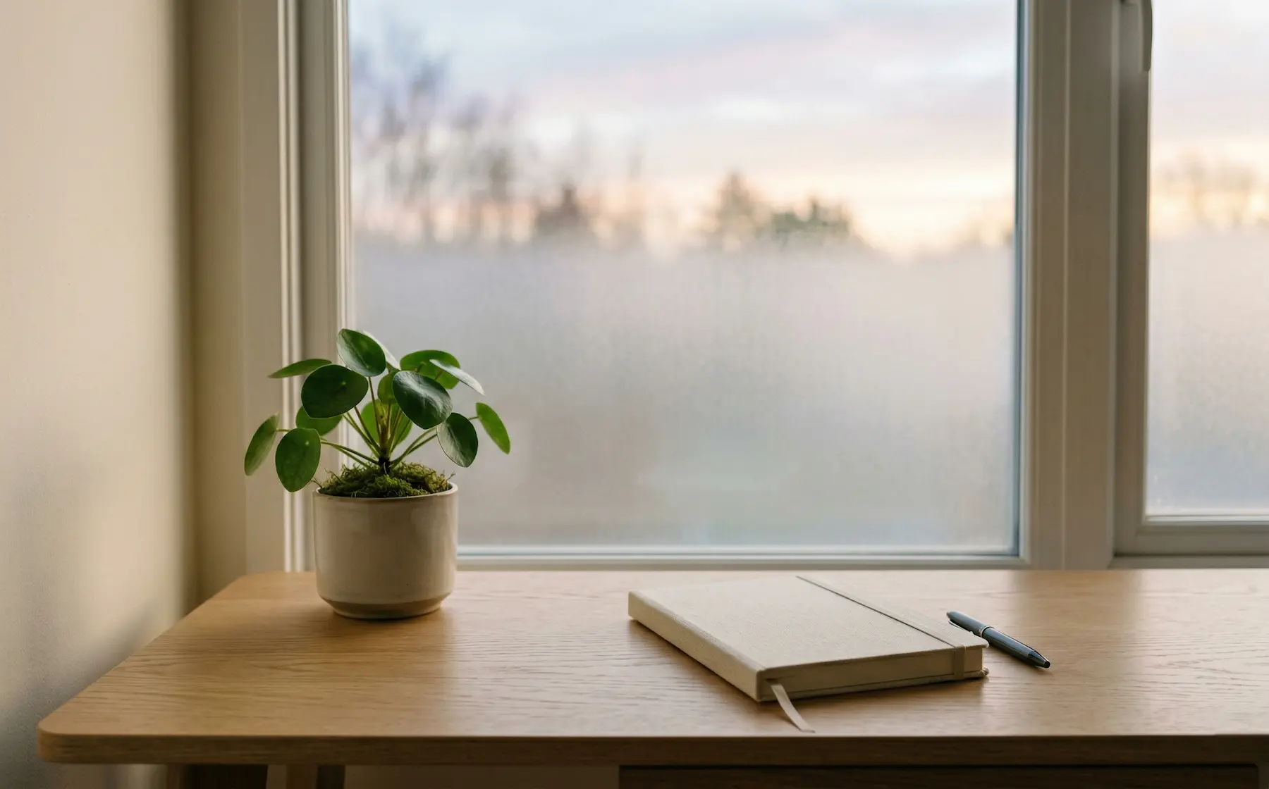 Bureau minimaliste à l'aube — gestion du stress